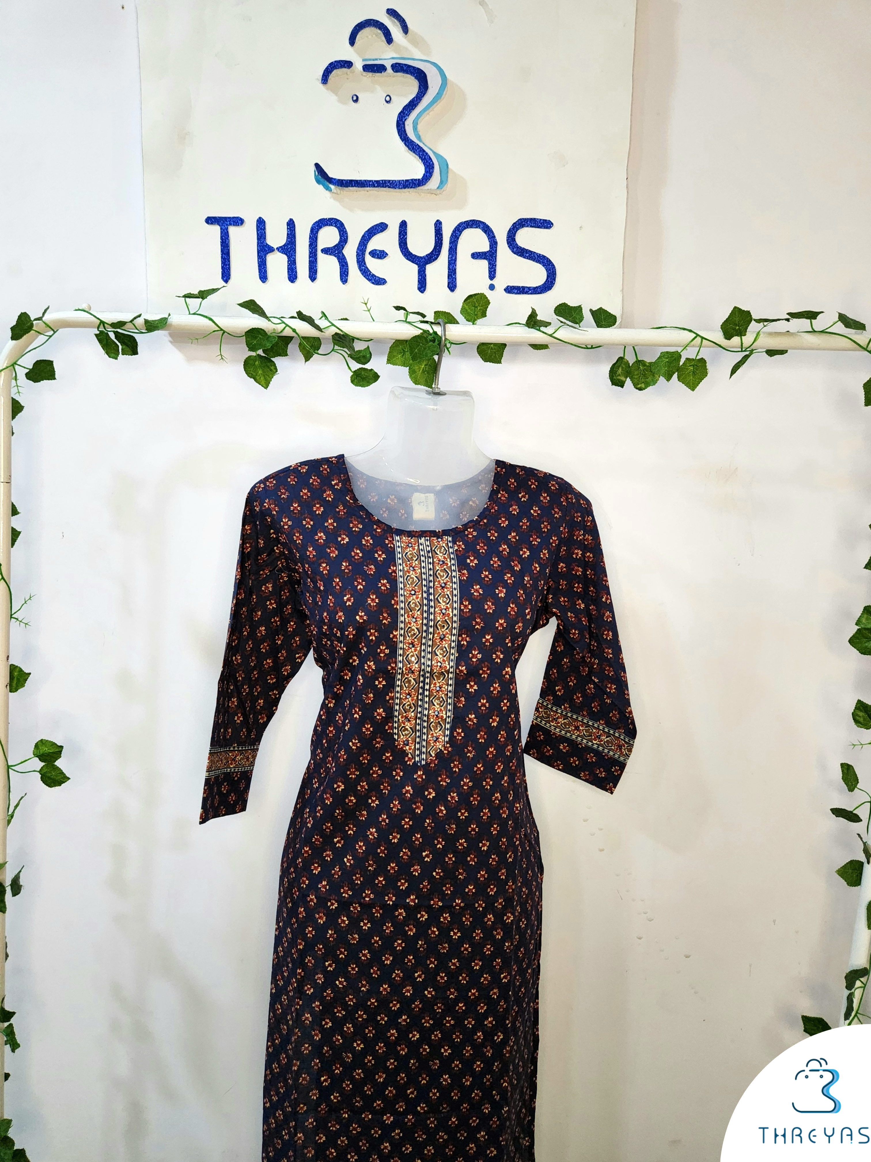 Blue Cotton Long Kurta for women |  Stylish Kurthis & Kurtis Sets for Women | Threyas 