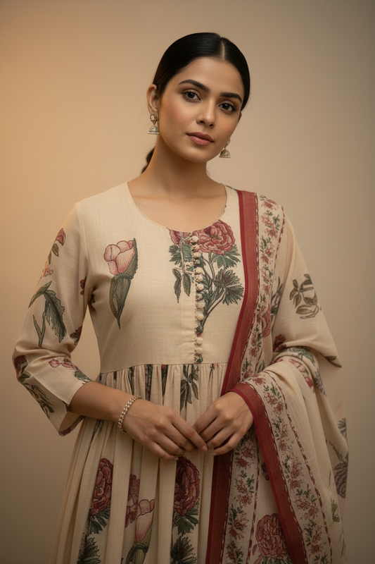 Peach Mul Cotton Kurti Set for Women with Dupatta