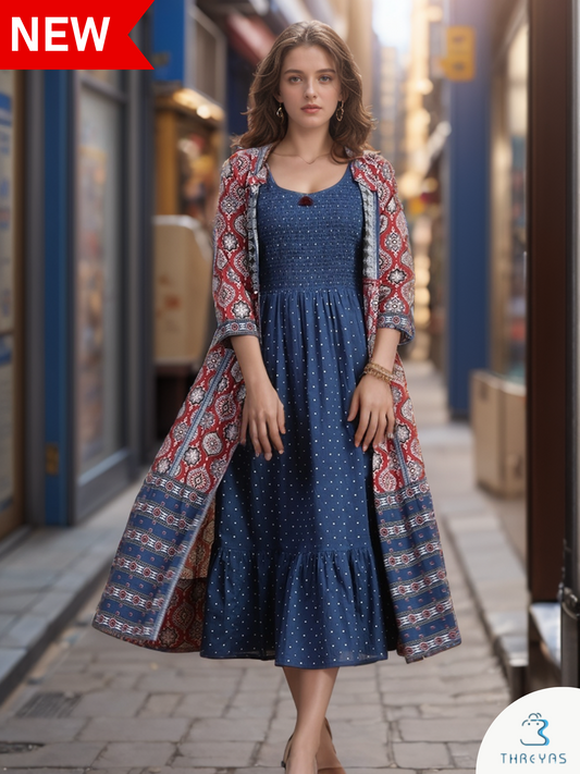 Blue Cotton Midi Dress with Ajahrak Over Coat