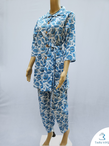 Sky Blue Hand Block Printed  Co-Ord Kurthis Set with side tie-ups for women | Stylish Kurthis & Kurtis Sets for Women | Threyas 