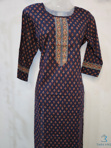 Blue Cotton Long Kurta for women |  Stylish Kurthis & Kurtis Sets for Women | Threyas 