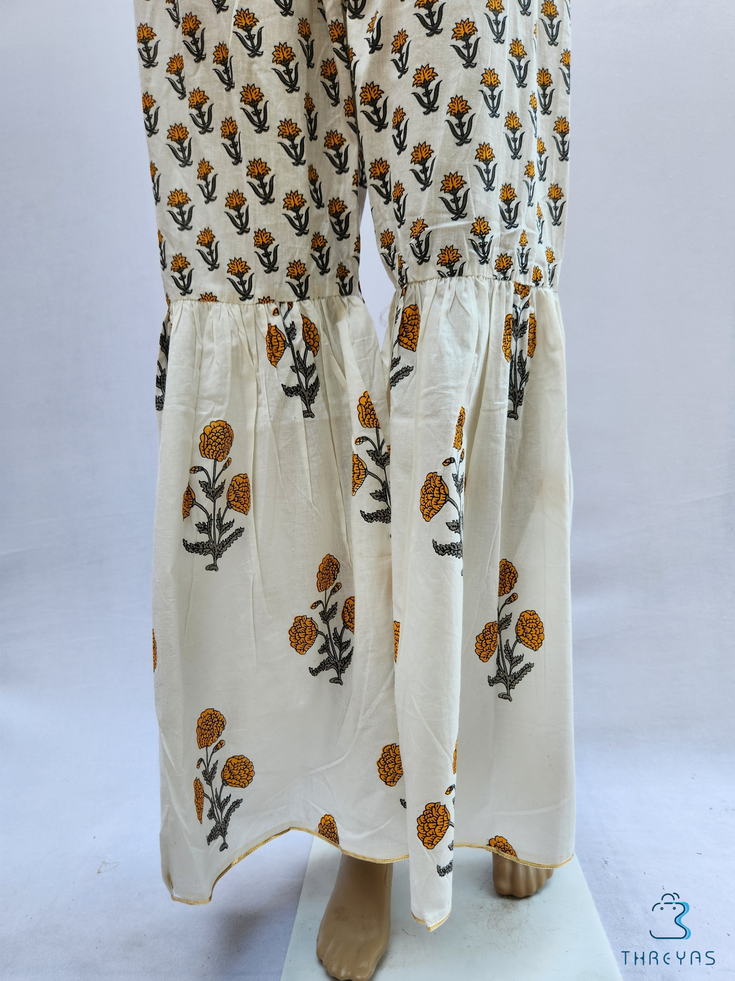 Women White Cotton Pure Cotton Floral Print Kurthis Set with Sharara and Dupatta for women  |  Stylish Kurthis & Kurtis Sets for Women  |  Threyas 
