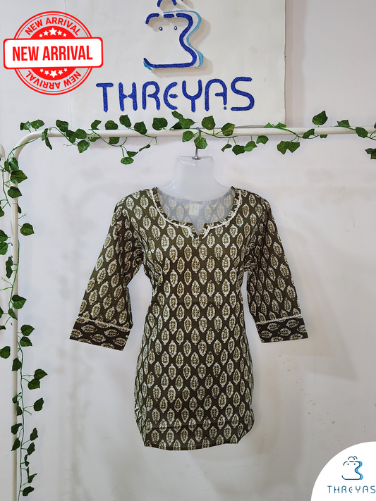 Green Cotton Short Kurti for women | Stylish Kurthis & Kurtis Sets for Women | Threyas 