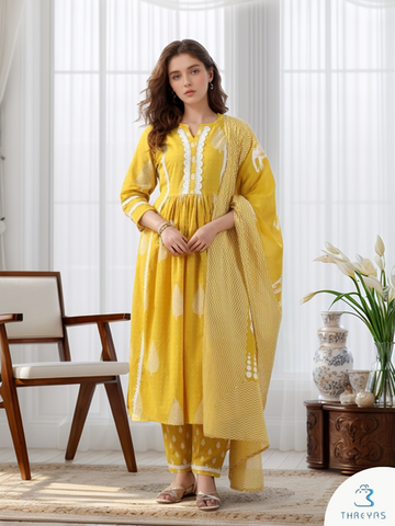 Yellow Color Kurtis Set for women with Printed Dupatta and Matching Bag