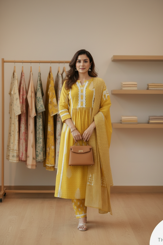Yellow Kurti Set for Women with Printed Dupatta and Matching Bag