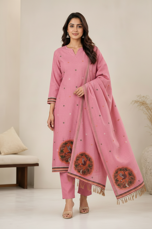 Dusty Pink A-Line Jamdani Dupatta Set For Women