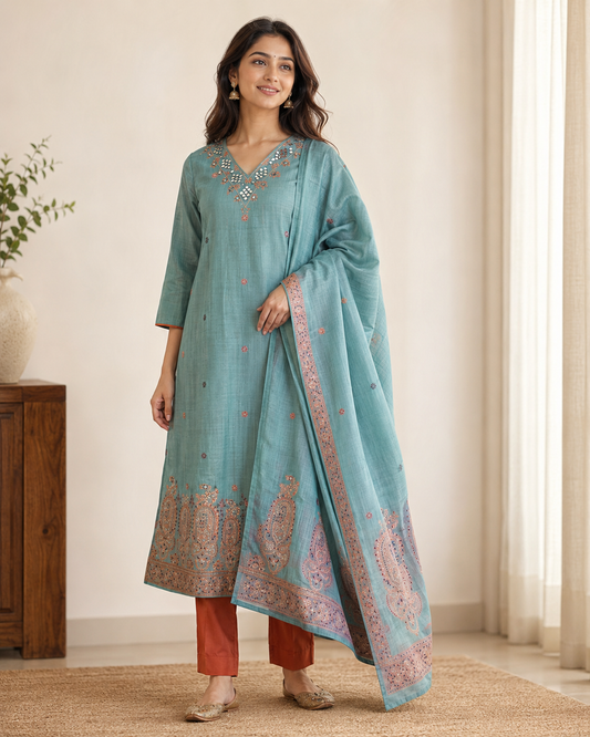 Sea Green Anarkali Jamdani Dupatta Set For Women