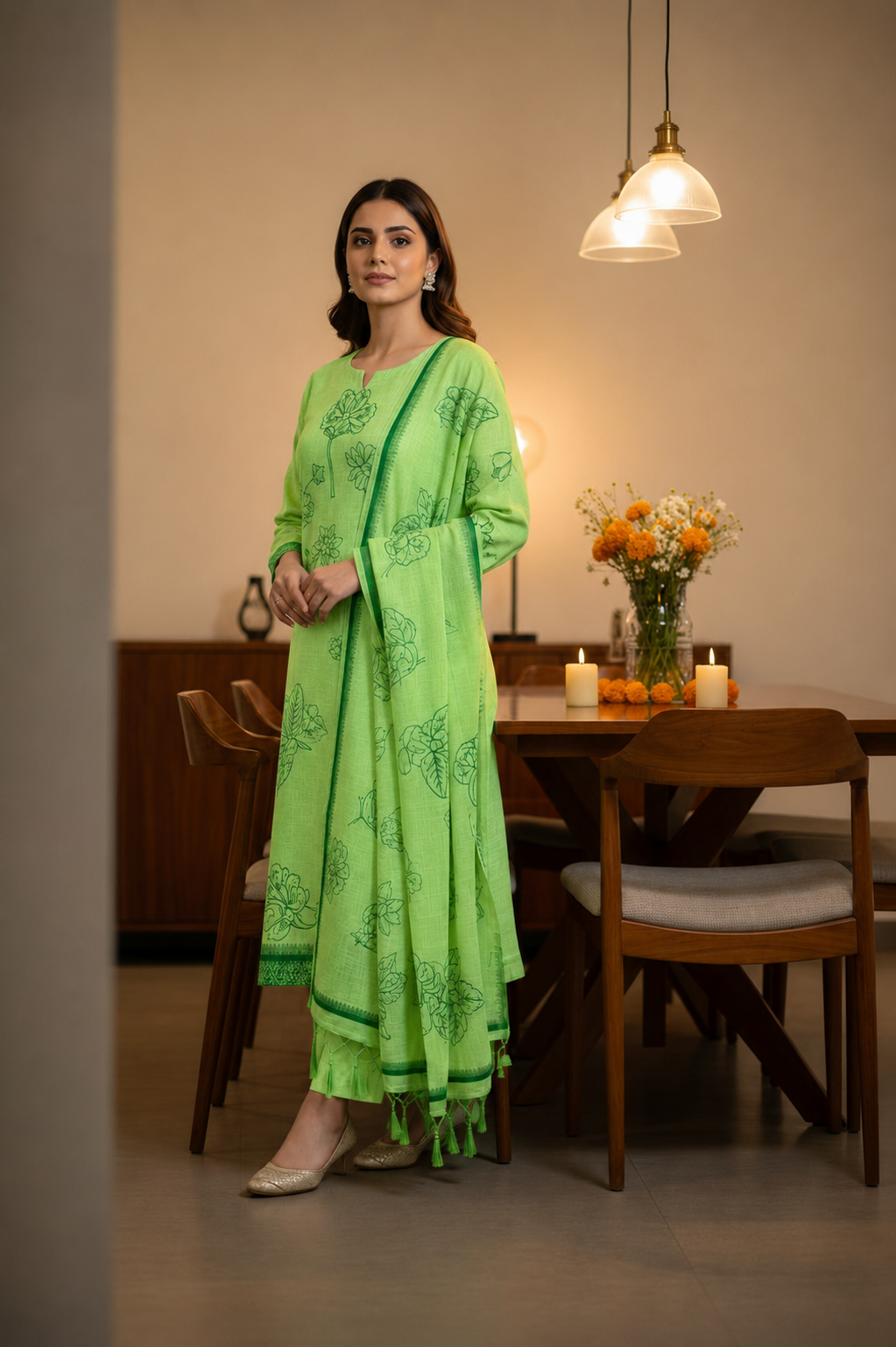 Pastel Green Jamdhani Dupatta Set For Women