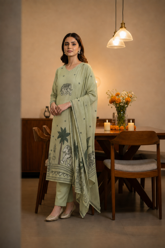 Light Green Jamdhani Dupatta Set For Women