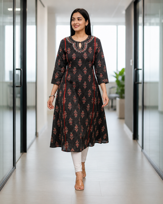 Black Ajarakh A-Line Kurti