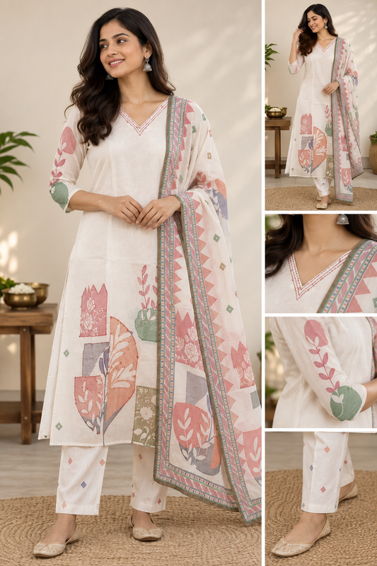 Half White Lenin  Dupatta Set For Women