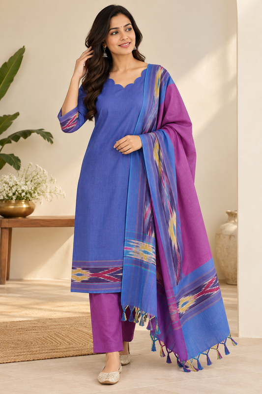Purple Ikat  South Cotton Kurti Set with Dupatta