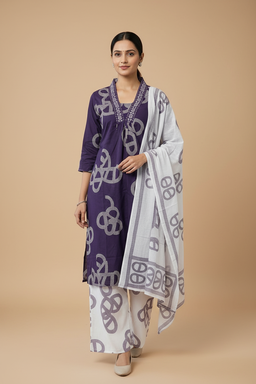 Deep Purple Cotton Kurti Set for Women with Dupatta