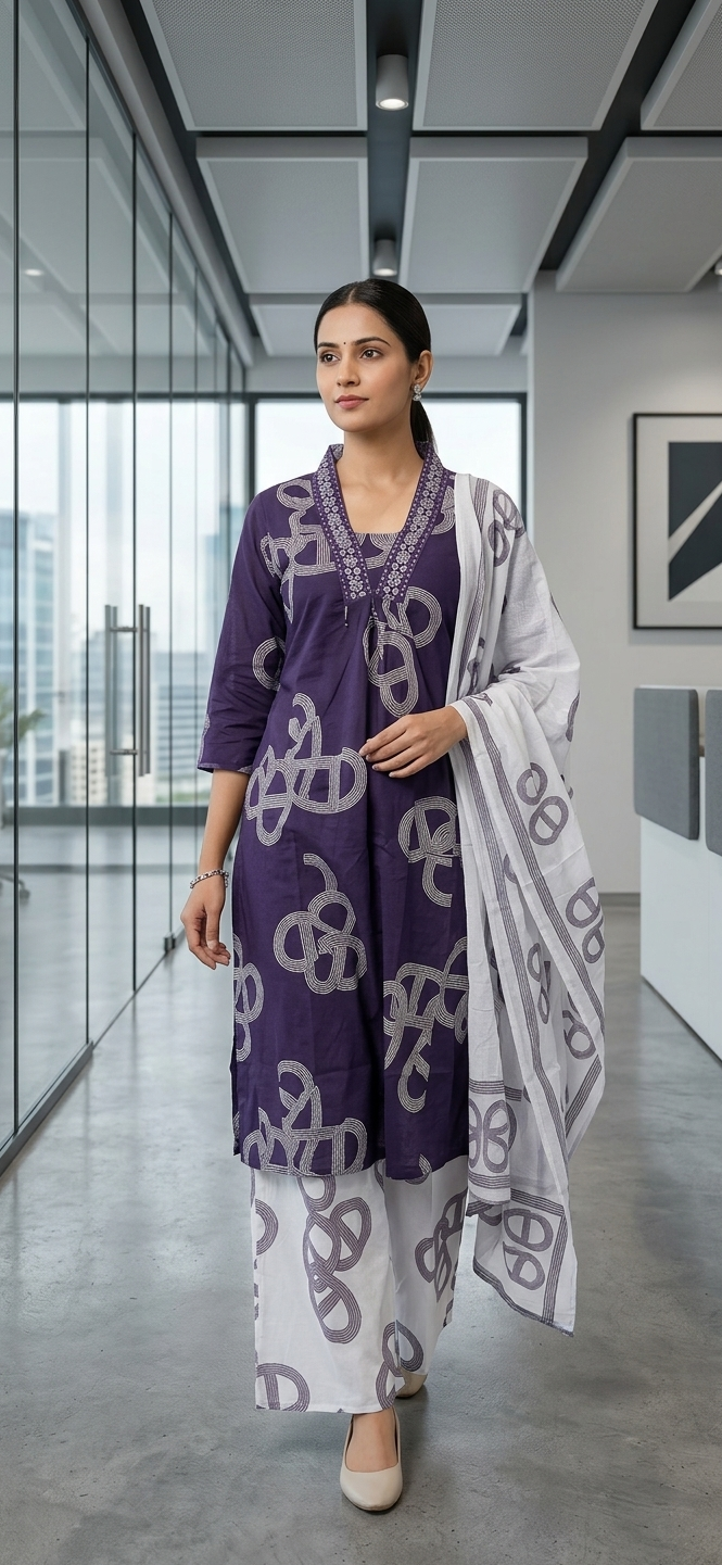 Deep Purple Abstract Printed Cotton Kurti Set for Women with Dupatta