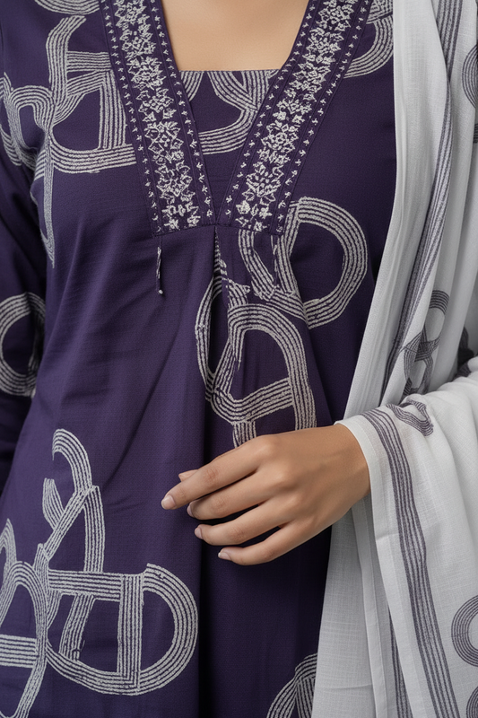 Deep Purple Abstract Printed Cotton Kurti Set for Women with Dupatta