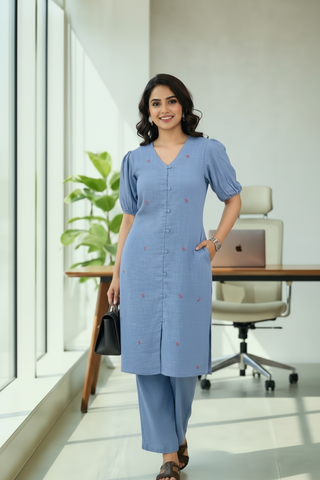 Steel Blue Puff Sleeve Kurti Set with Embroidered Buttis & Palazzo Pants