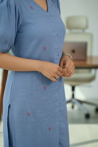 Steel Blue Puff Sleeve Kurti Set with Embroidered Buttis & Palazzo Pants