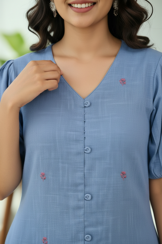 Steel Blue Cotton Kurti Set with Palazzo Pants