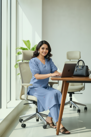 Steel Blue Puff Sleeve Kurti Set with Embroidered Buttis & Palazzo Pants
