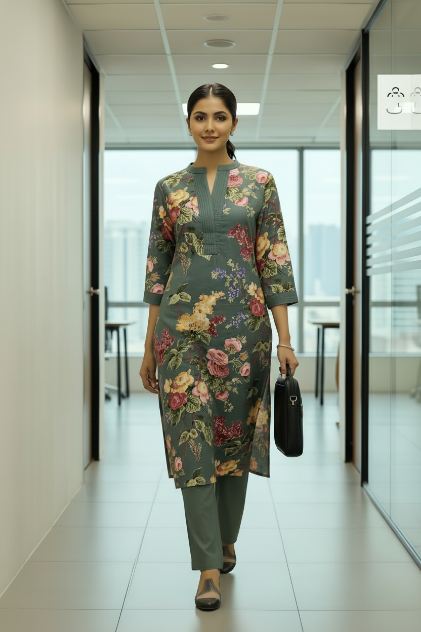 Green Multicolour Floral Printed Cotton Kurti Set for Women