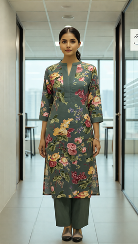 Green Multicolour Floral Printed Cotton Kurti Set for Women