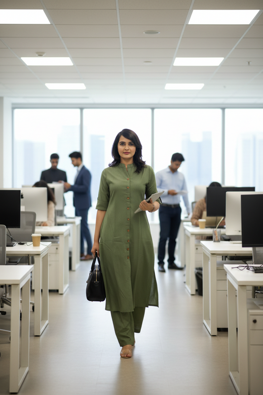 Green Striped Cotton Kurti Set for Women