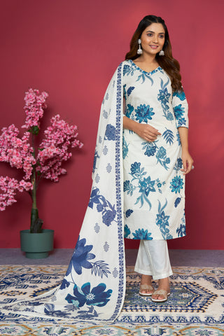 White Cotton Kurtis Set for women with Printed Dupatta