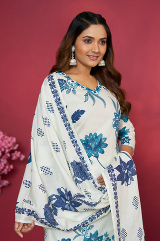 White Cotton Kurtis Set for women with Printed Dupatta