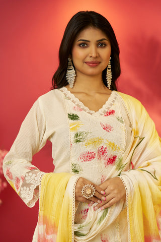 Beige and Yellow Kota Cotton Kurtis Set for women with Printed Dupatta