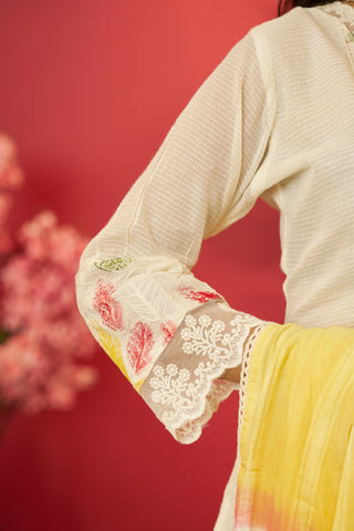Beige and Yellow Kota Cotton Kurtis Set for women with Printed Dupatta