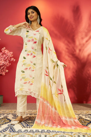 Beige and Yellow Kota Cotton Kurtis Set for women with Printed Dupatta