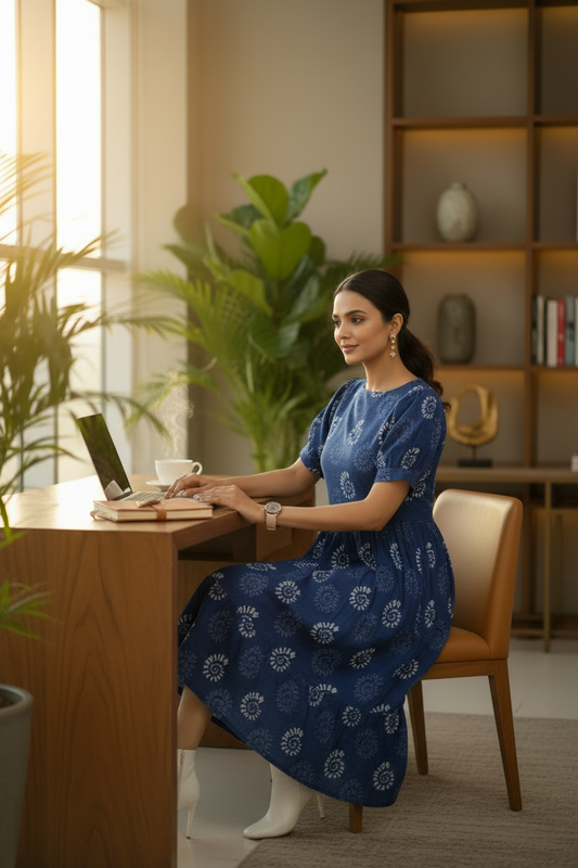 Blue Bagru Handblock Printed Cotton Dress