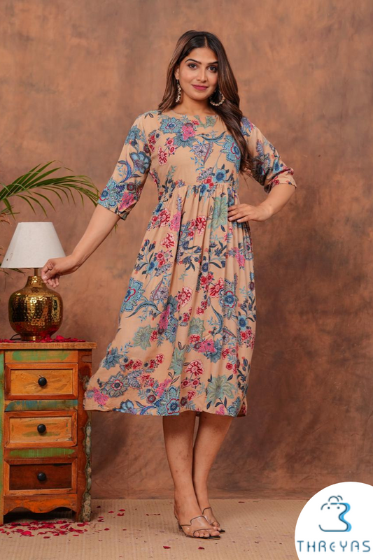 Light Beige Floral HandBlock Printed Cotton Dress