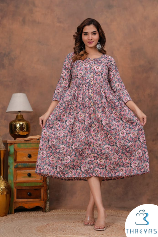 Light Beige Floral HandBlock Printed Cotton Dress
