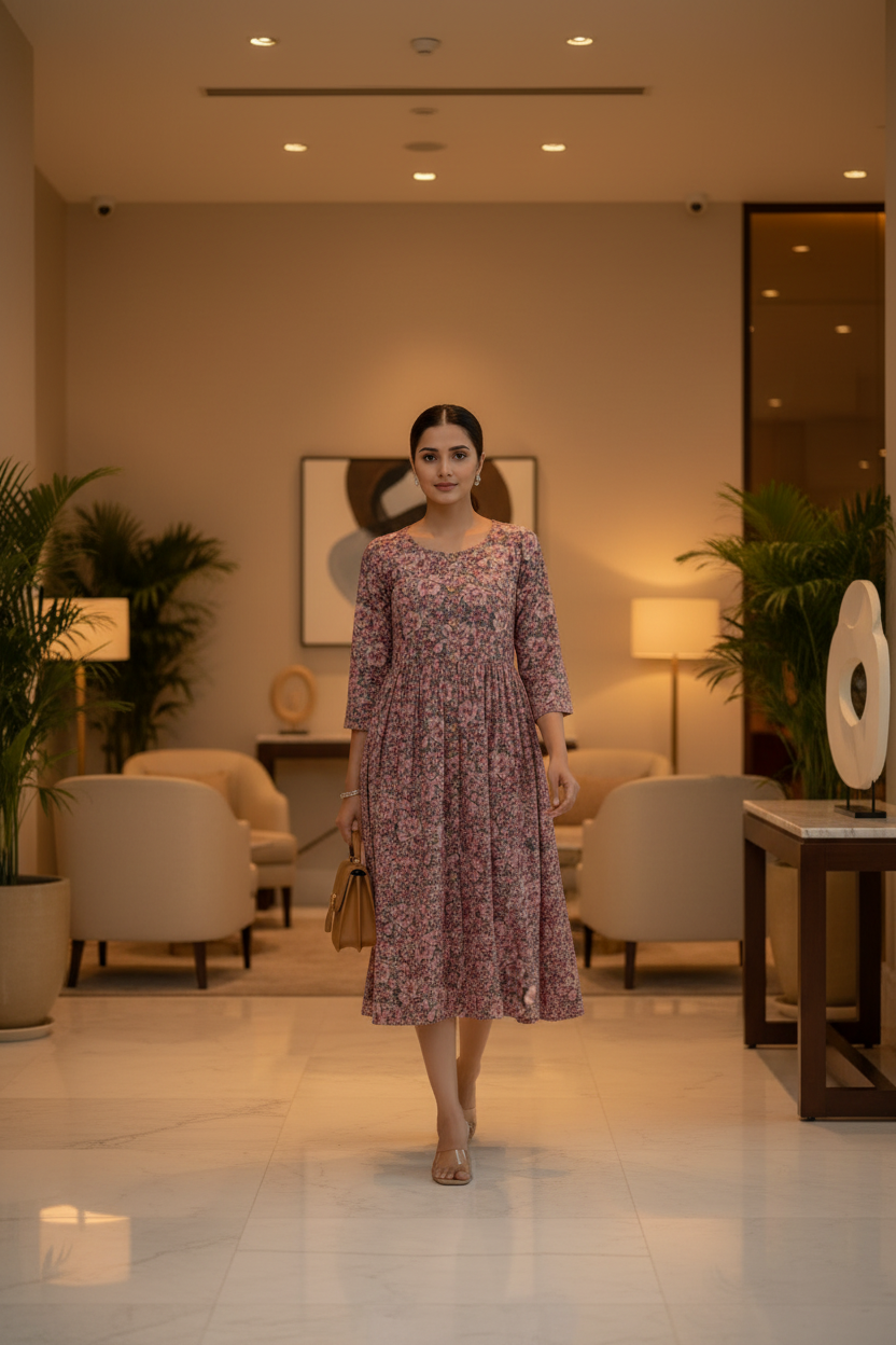 Light Beige Floral Handblock Cotton Midi Dress
