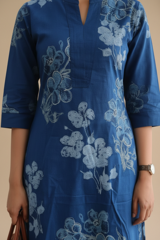 Deep Blue Floral Printed Straight Cotton Kurti with Pant for Women