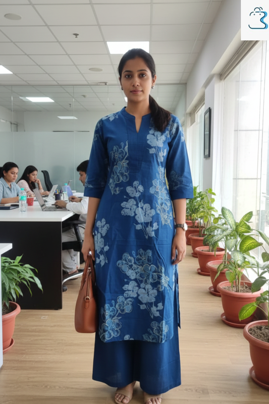 Deep Blue Floral Printed Straight Cotton Kurti with Pant for Women
