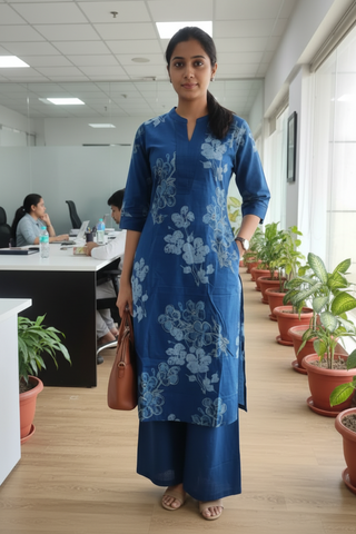 Deep Blue Floral Printed Straight Cotton Kurti with Pant for Women