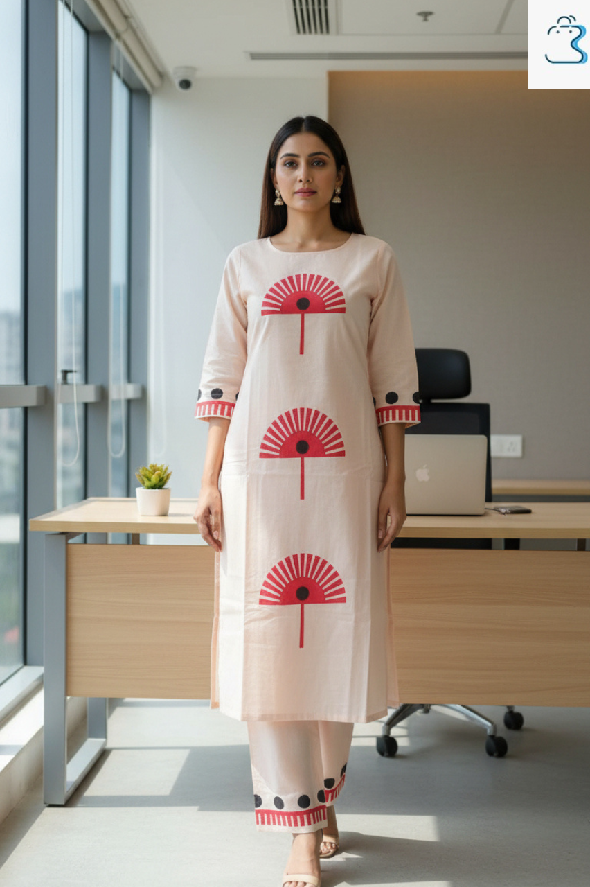 Peach Geometric Printed Straight Kurti Set for Women