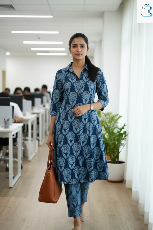 Deep Blue Floral Cotton Kurti Set for Women