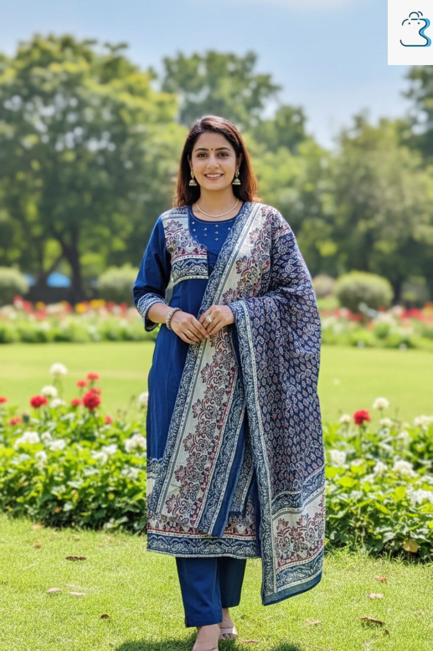 Dark Blue Embroidered Anarkali Kurti Set for Women