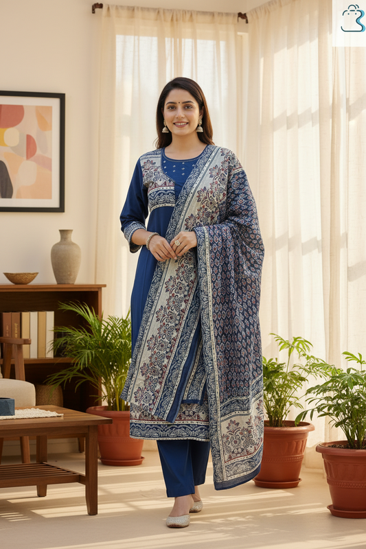 Dark Blue Embroidered Anarkali Cotton Kurta Set with Dupatta