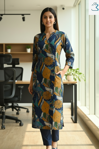 Navy Blue Straight Cotton Kurti Set for Women