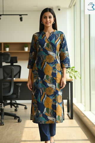 Navy Blue Straight Cotton Kurti Set for Women