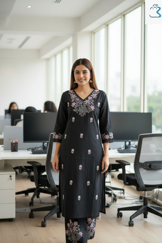 Black & Pink Embroidered Cotton Kurti Set for Women
