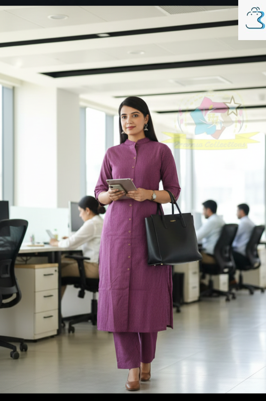 Purple Striped Cotton Kurti Set for Women