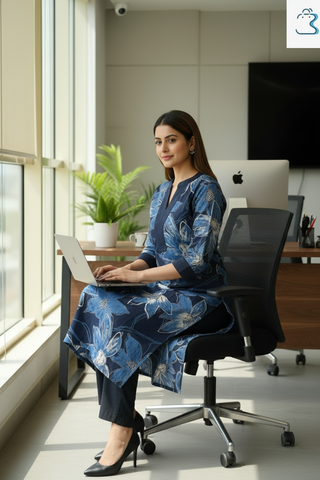 Navy Blue with white Floral printed Cotton Kurti Set for Women