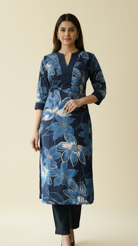 Navy Blue with white Floral printed Cotton Kurti Set for Women
