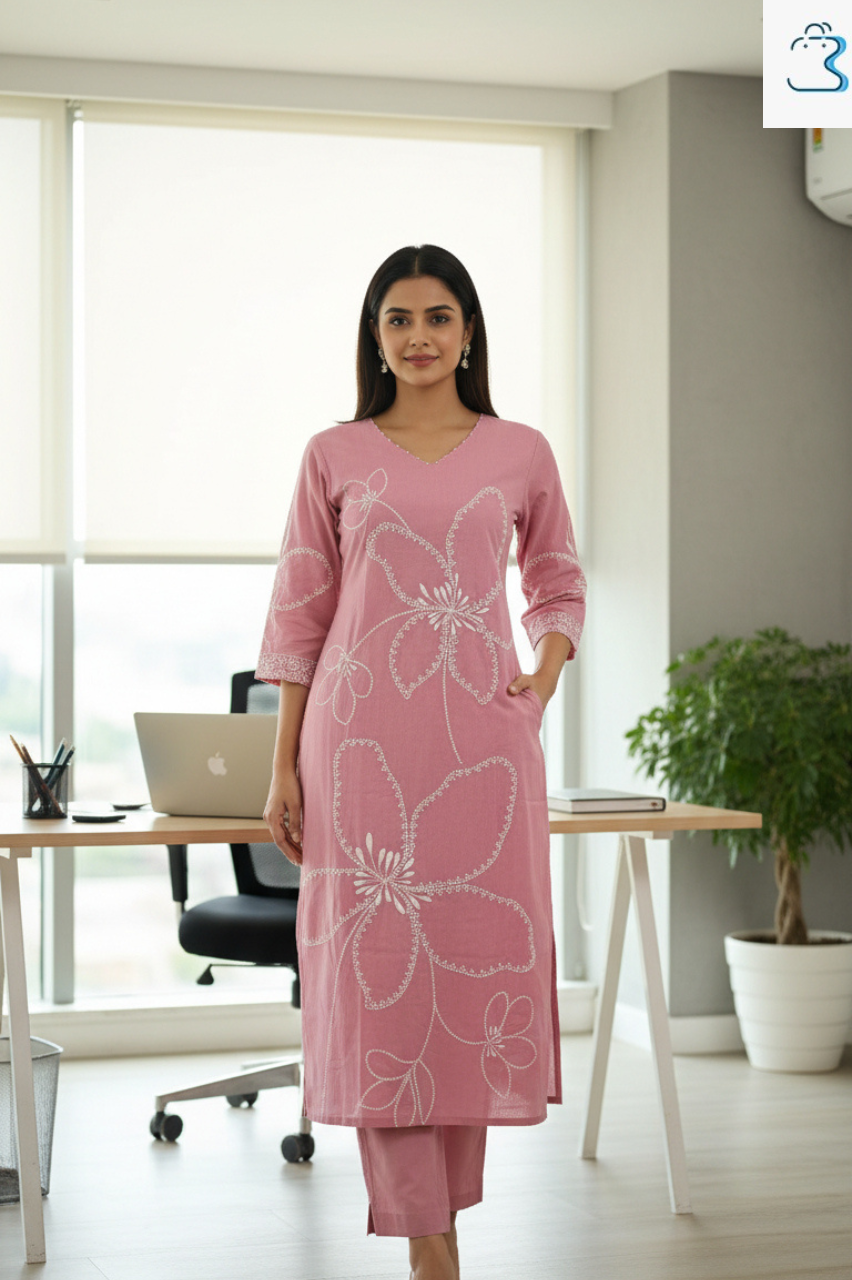 Pink with white Floral printed Cotton Kurti Set for Women