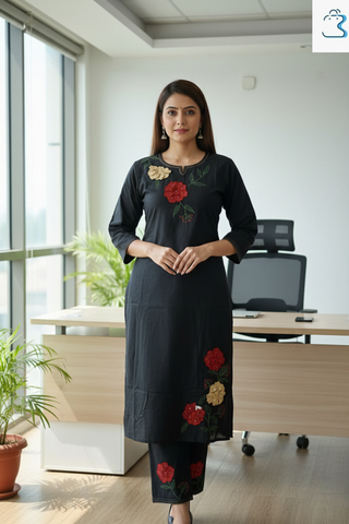 Black Floral Embroidery Cotton Kurti Set for Women
